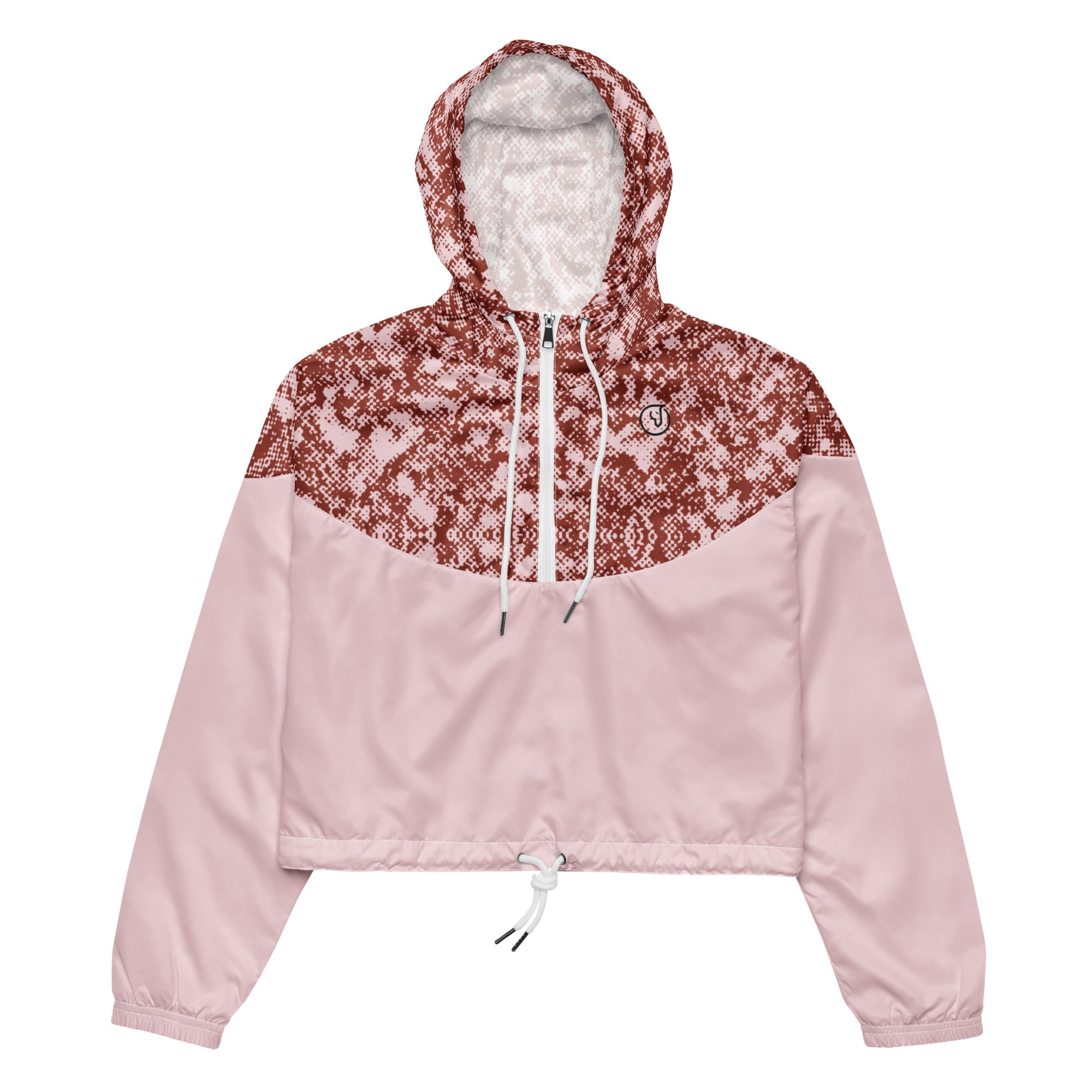Pink and red patterned windbreaker hoodie jacket on a white background