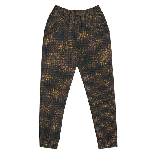 Brown polka dotted patterned slim fit jogger pants on a white background