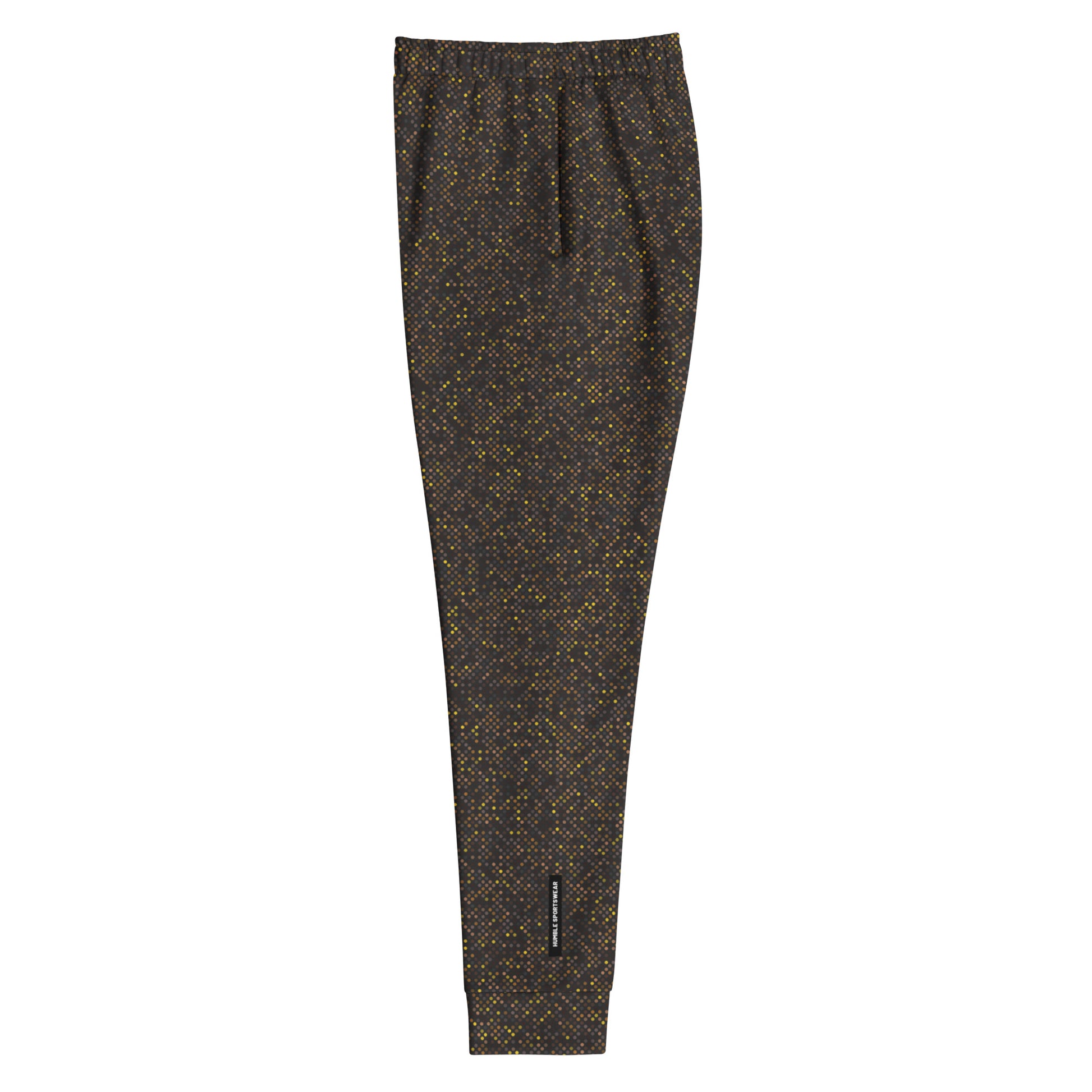Side view of brown polka dot patterned slim fit jogger pants on a white background