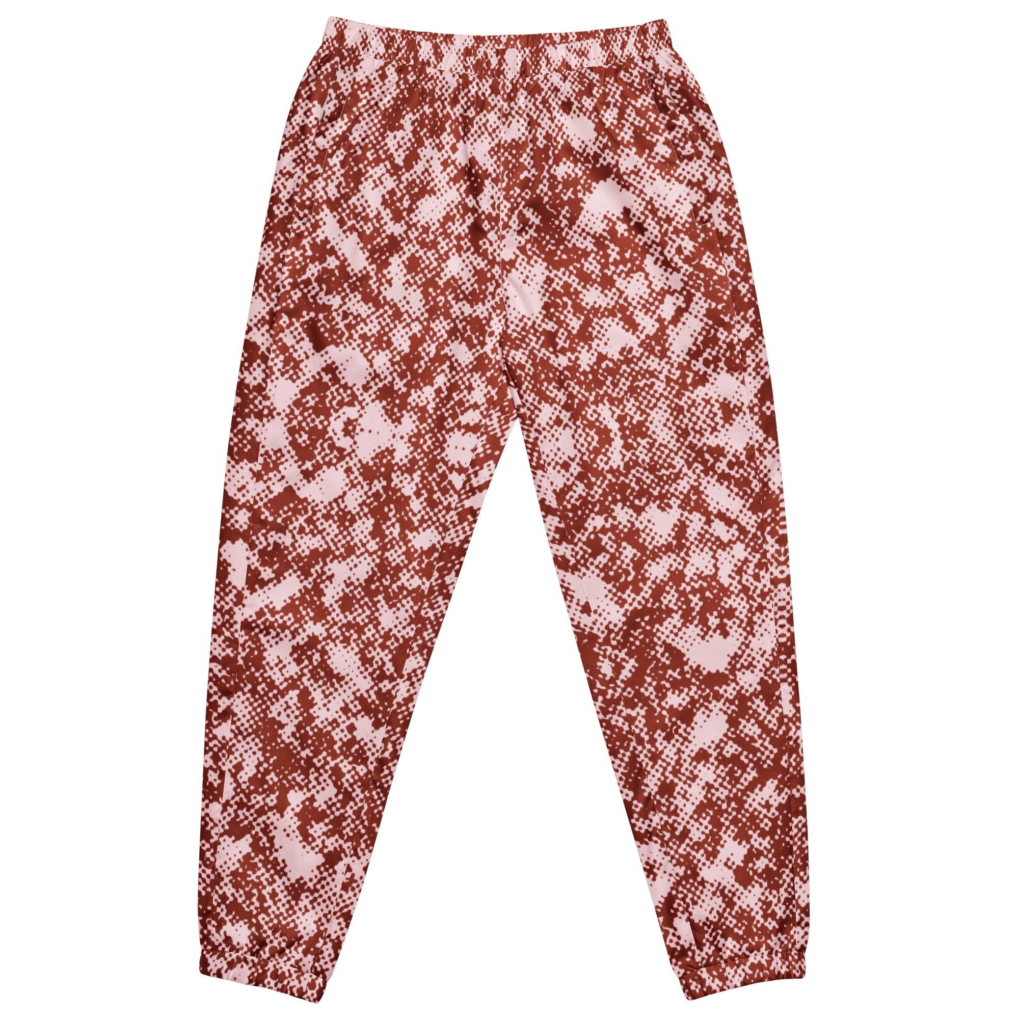 Patterned track pants on a white background
