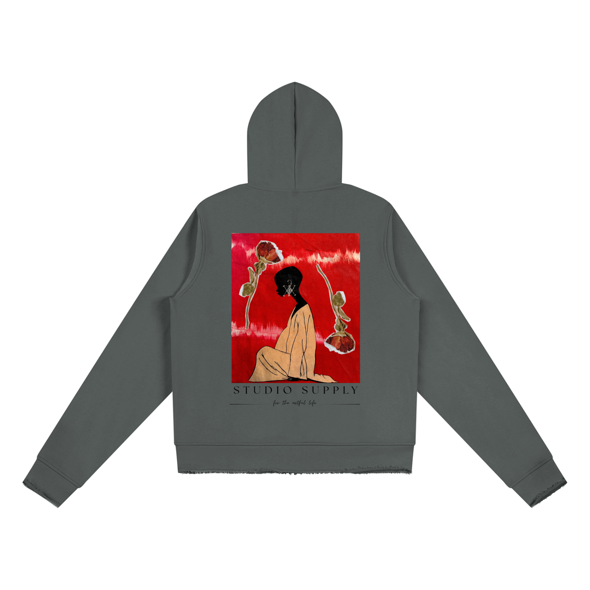 back view of women's dark gray zip-up raw edge with  large graphic print and text