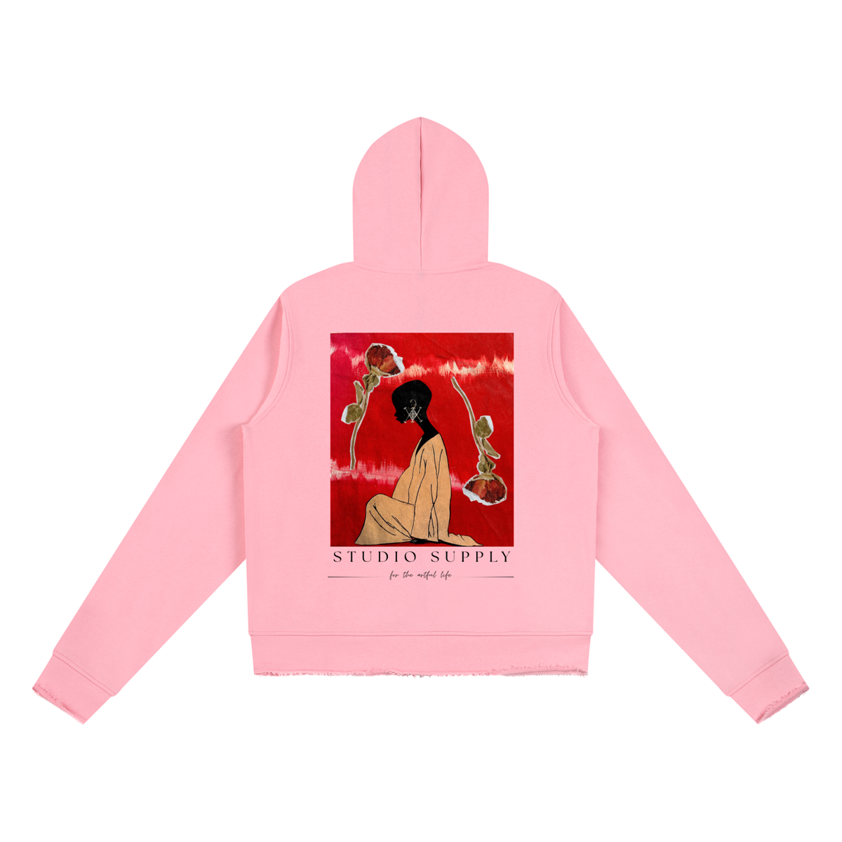 back view of pink raw edge zip up hoodie with large graphic print and text 