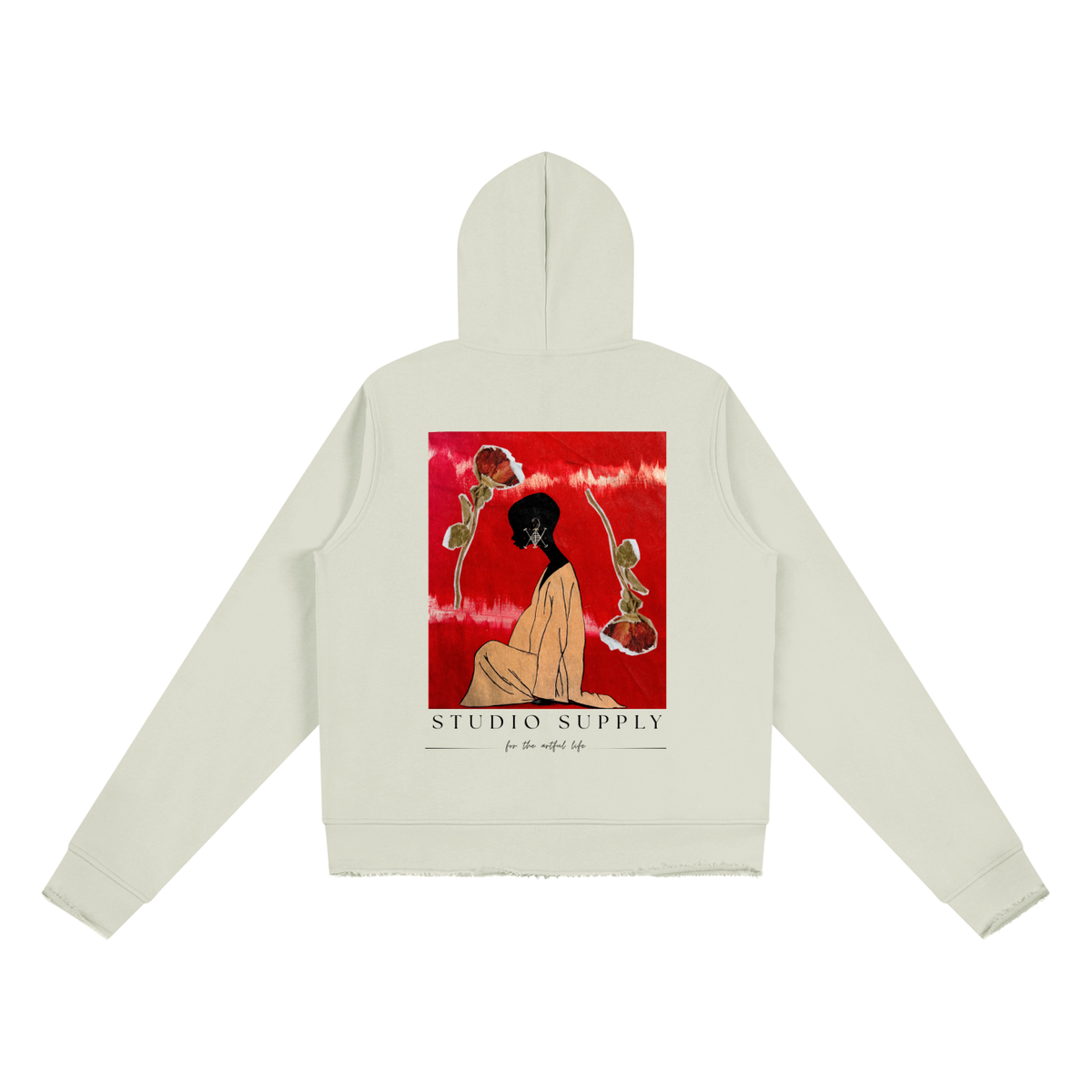 back view of women's casual zip hoodie with large graphic print and text