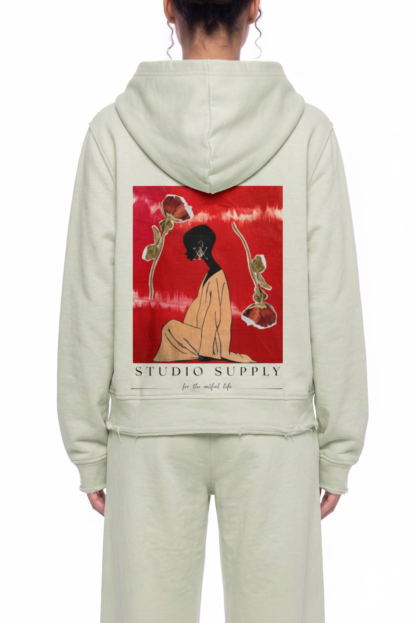 raw edge zip hoodie front view