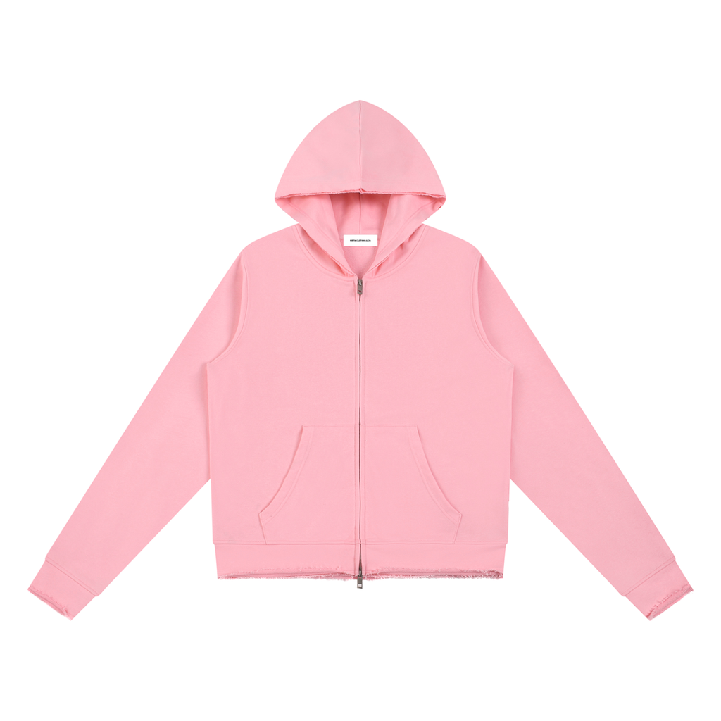 front view of pink raw hem modern full zip hooded sweatshirt 