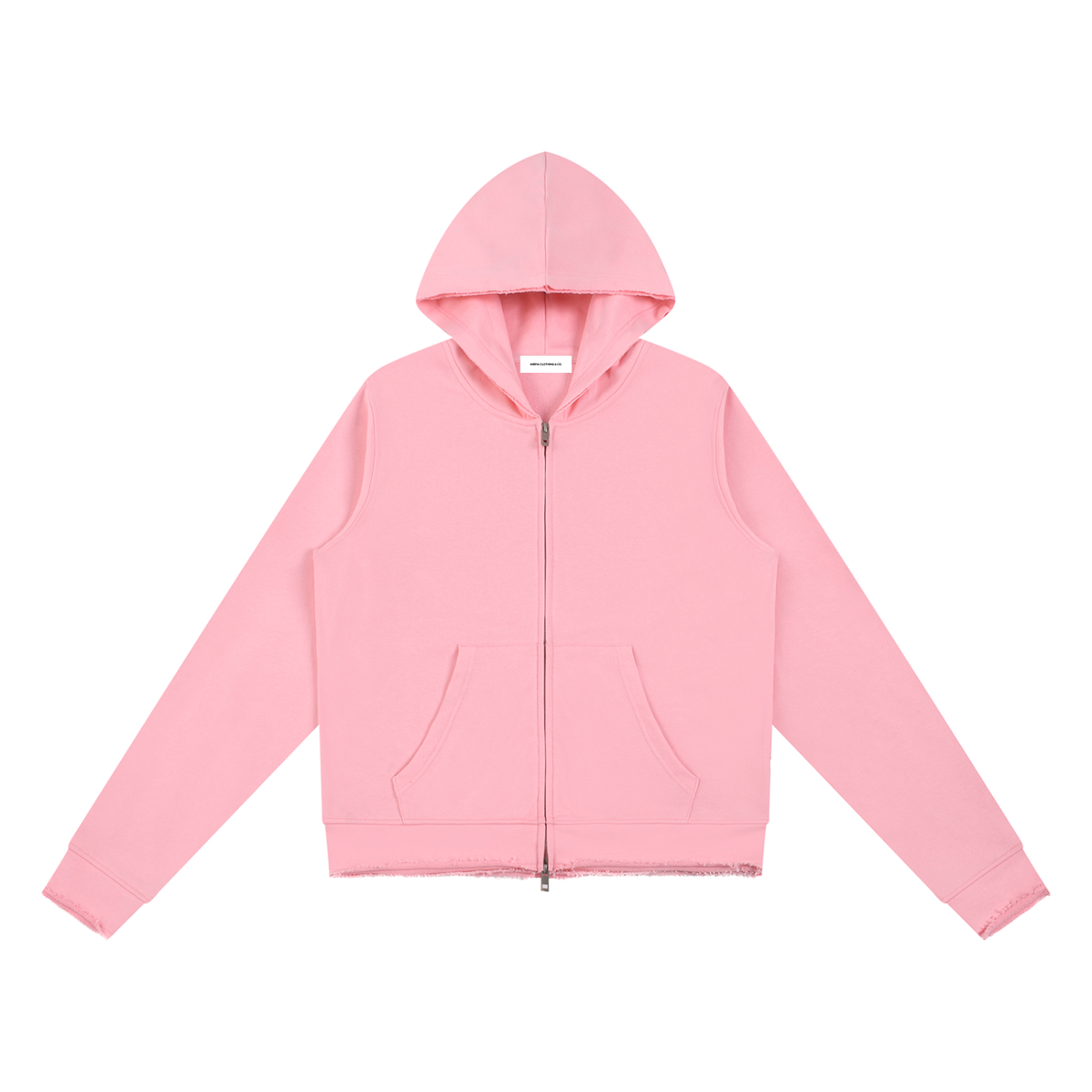 front view of pink raw hem modern full zip hooded sweatshirt 