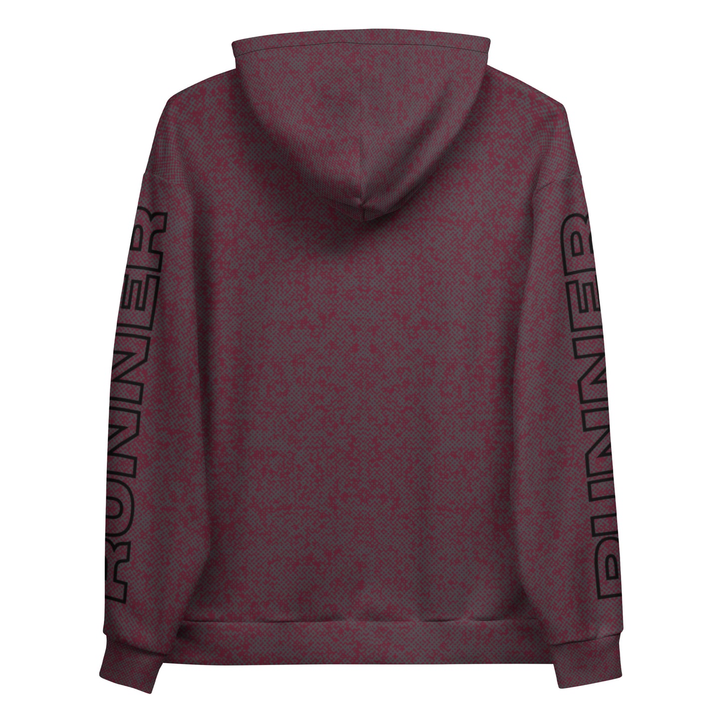 Maroon relaxed fit hoodie with 'RUNNER' branding on the back and sleeves against a white background