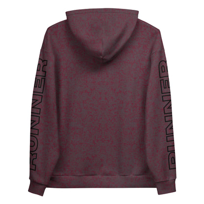 Maroon relaxed fit hoodie with 'RUNNER' branding on the back and sleeves against a white background