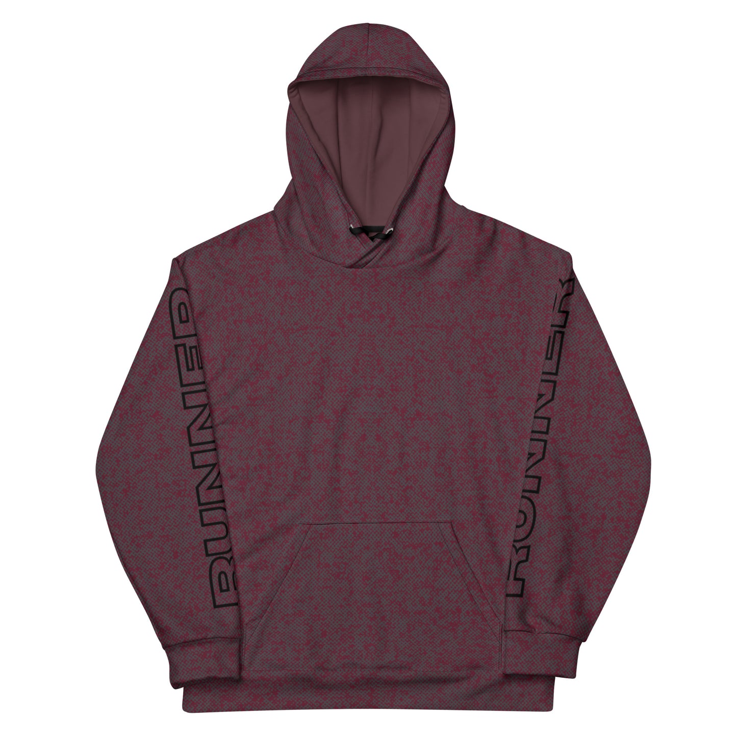 Maroon relaxed fit hoodie with 'RUNNER' text on sleeves against a white background