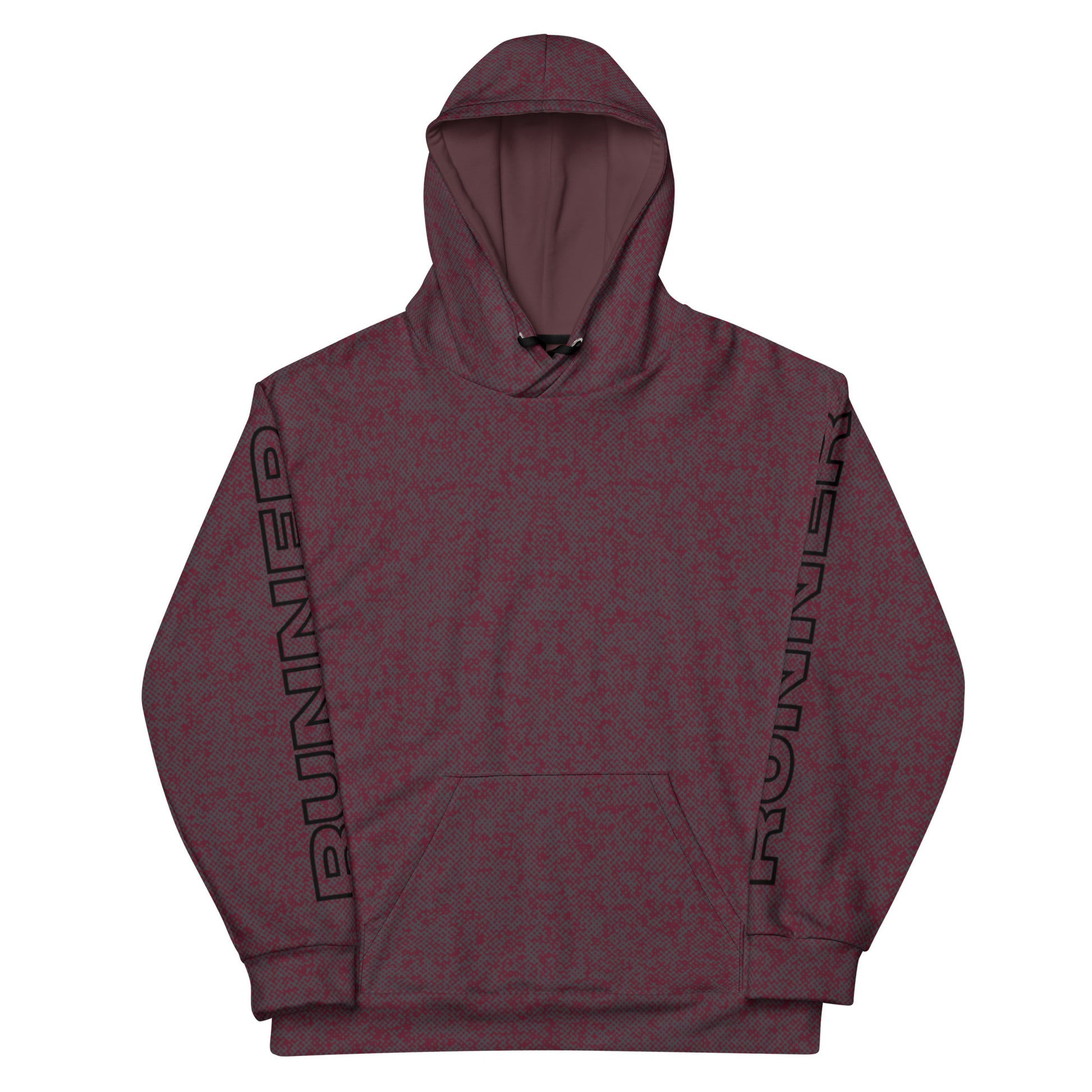 Maroon relaxed fit hoodie with 'RUNNER' text on sleeves against a white background