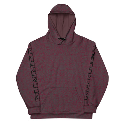 Maroon relaxed fit hoodie with 'RUNNER' text on sleeves against a white background