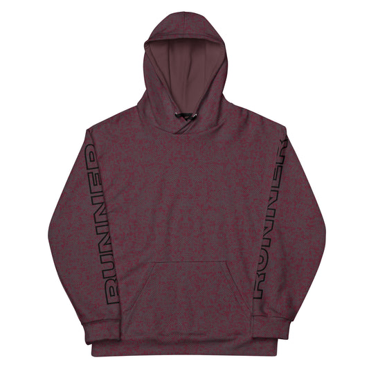 Maroon relaxed fit hoodie with 'RUNNER' text on sleeves against a white background