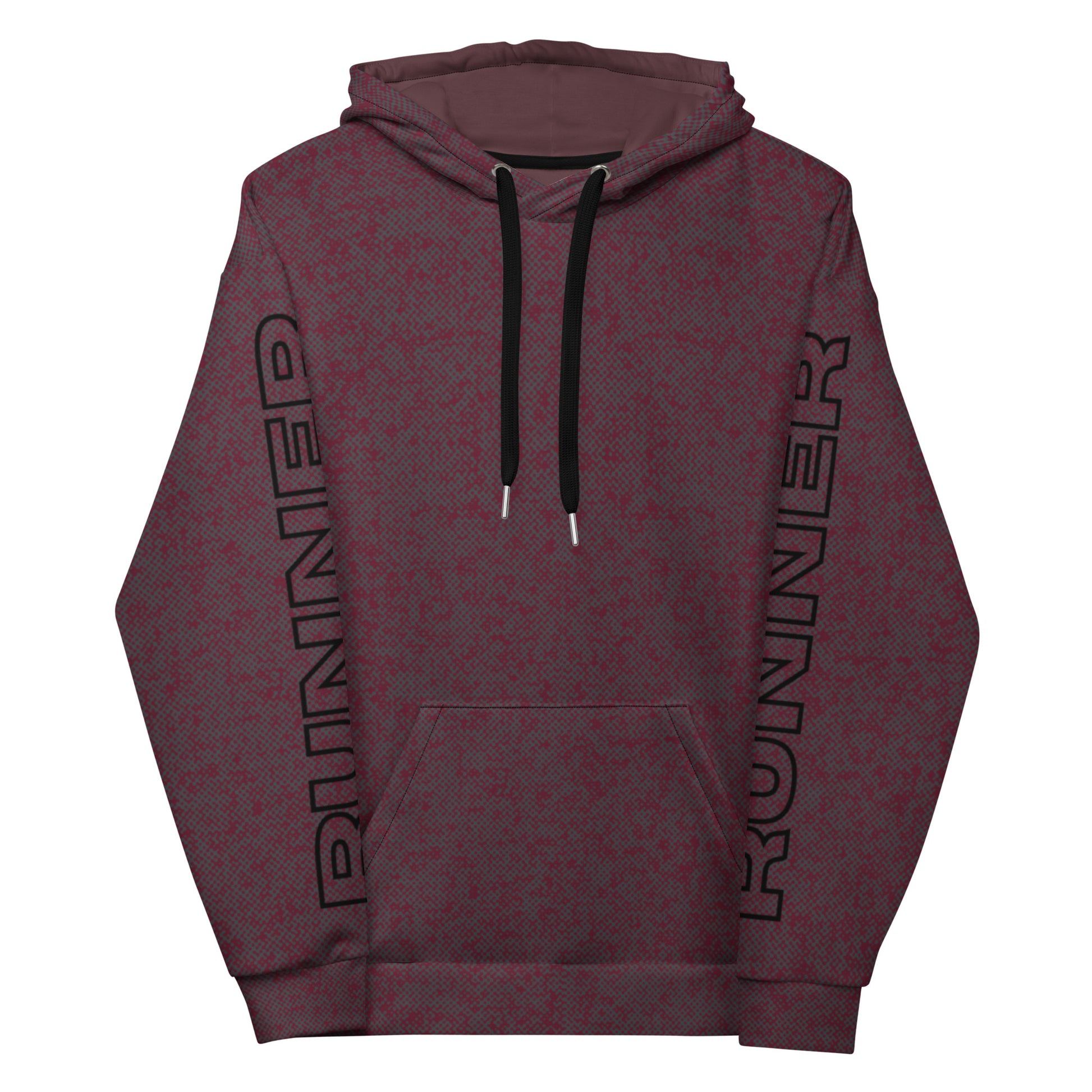 Maroon relaxed fit hoodie with 'RUNNER' text on sleeves against a white background
