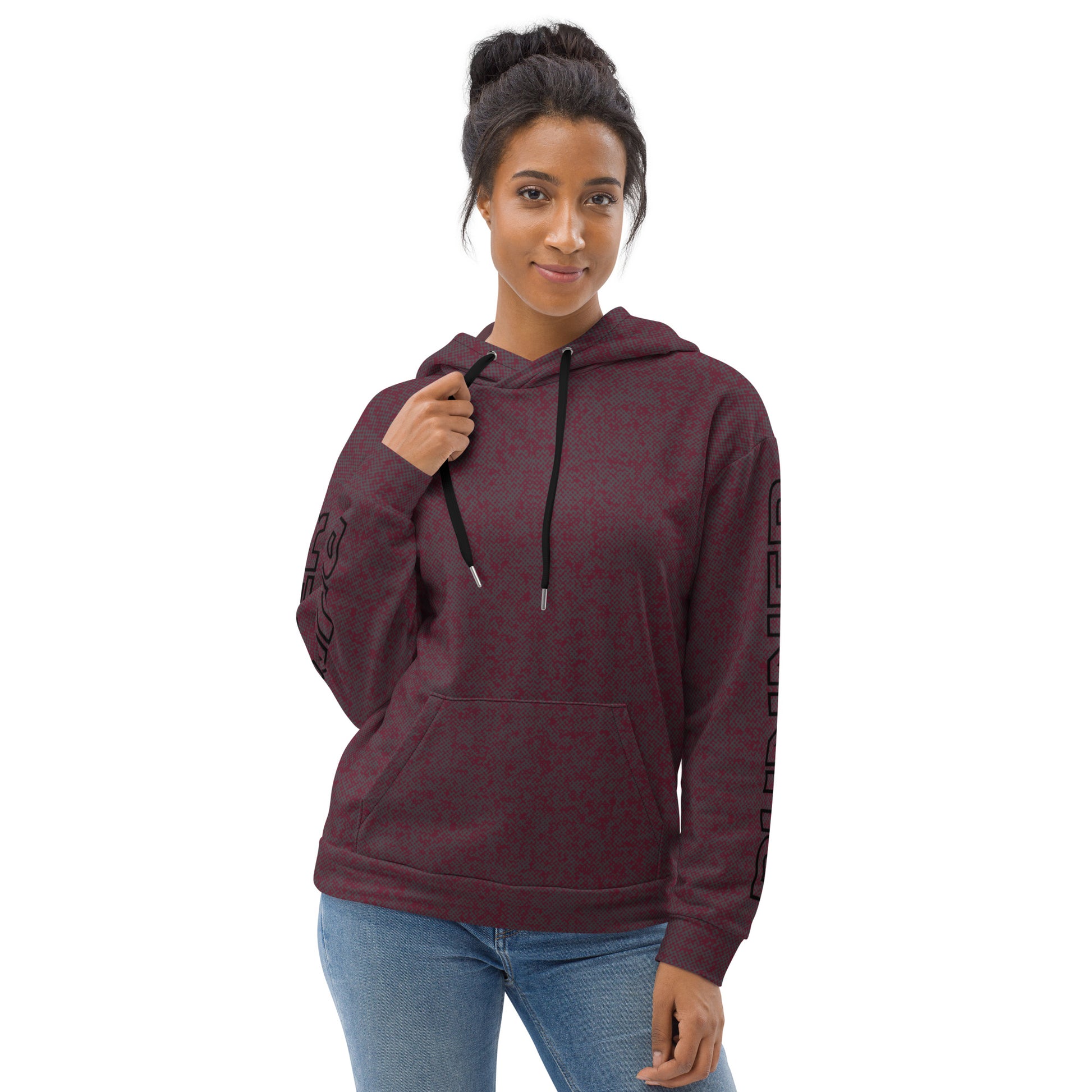 Front view of woman wearing a maroon relaxed fit hoodie with a white background