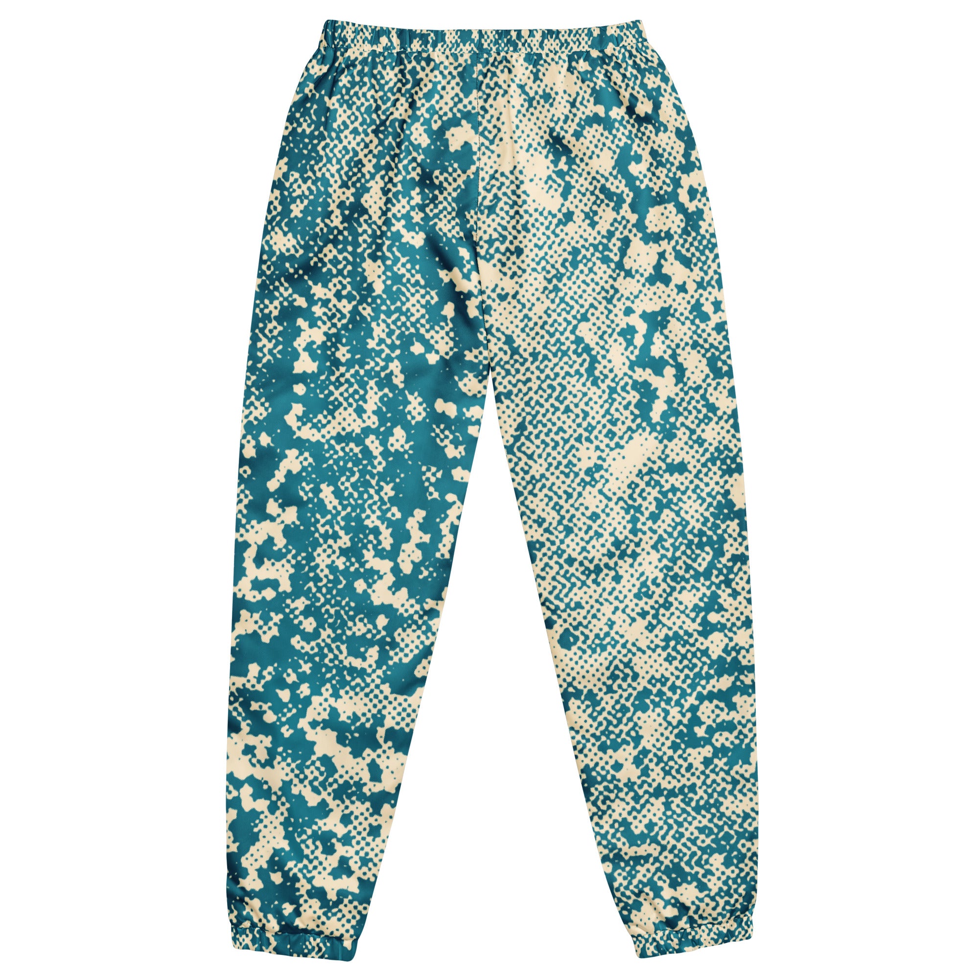 Back view of teal and beige patterned track pants on a white background