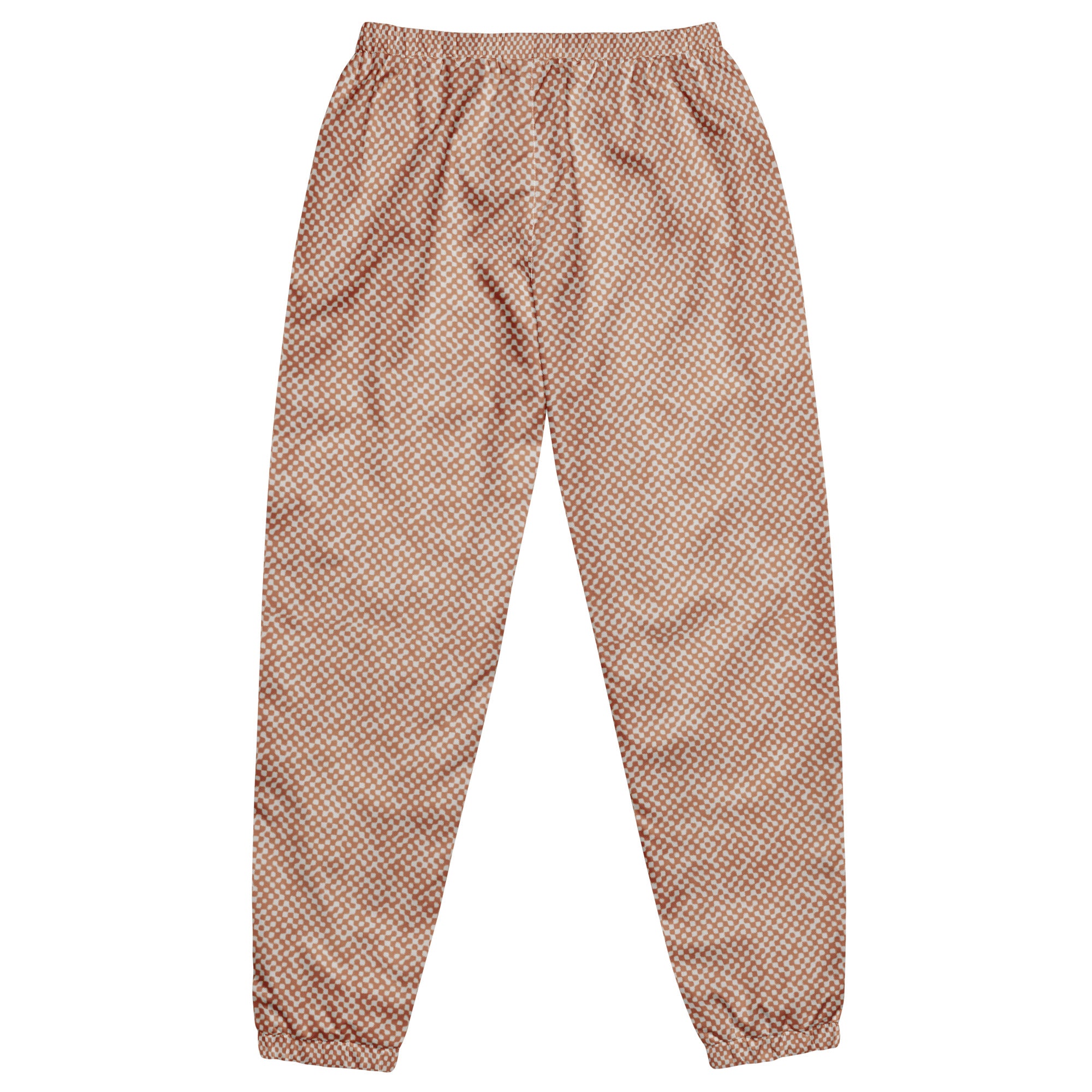 Back view of checker patterned track pants on a white background