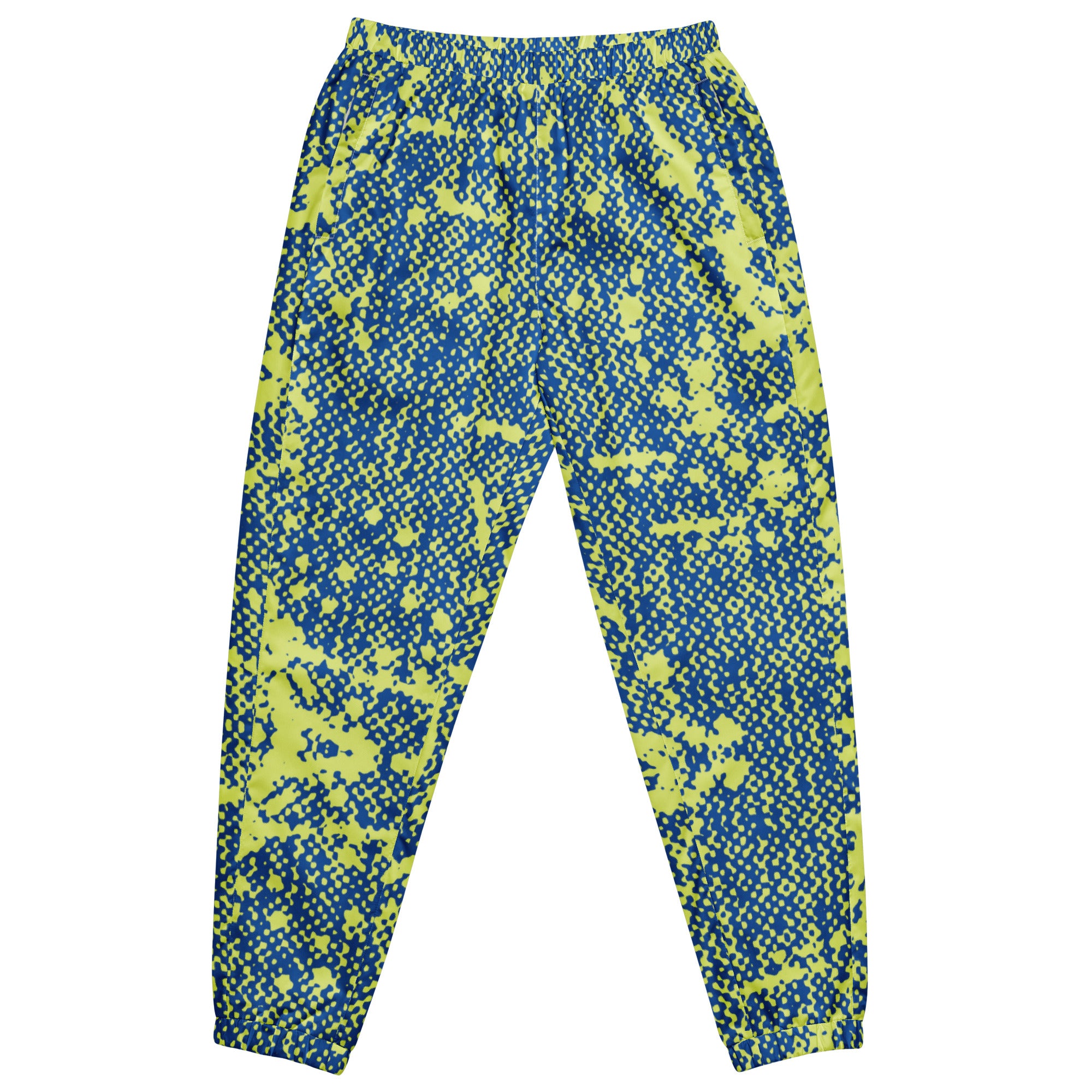 A pair of blue track pants with a geometric pattern, featuring an elastic waistband and ankle cuffs, with a mesh lining.