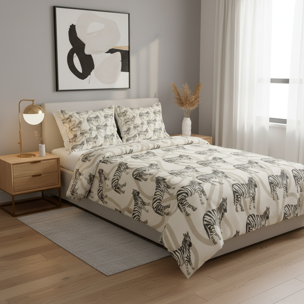 bedroom with zebra print duvet cover modern minimalist bedding 