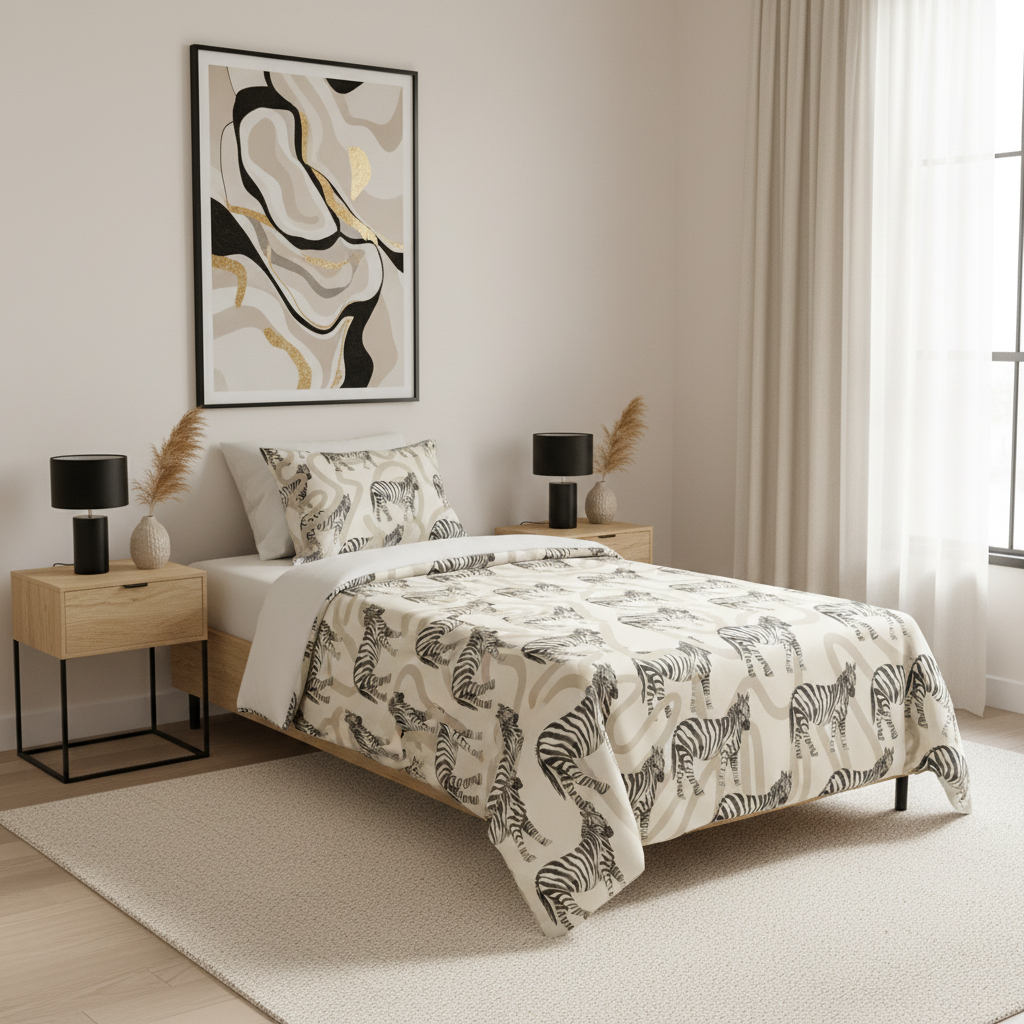 zebra patterned duvet cover clean aesthetic bedroom