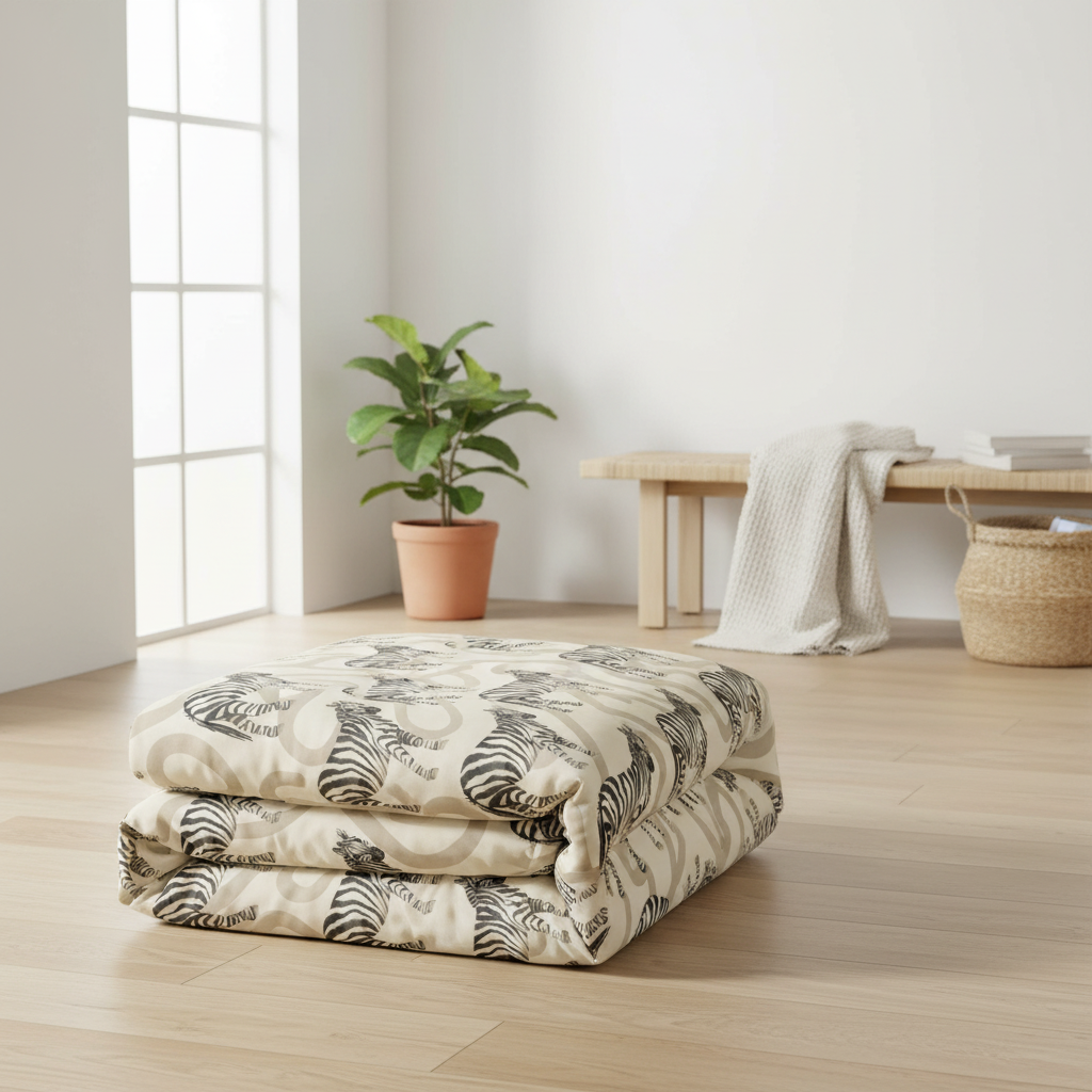 Folded blanket with zebra pattern on a wooden floor in a bright room with a plant and table.