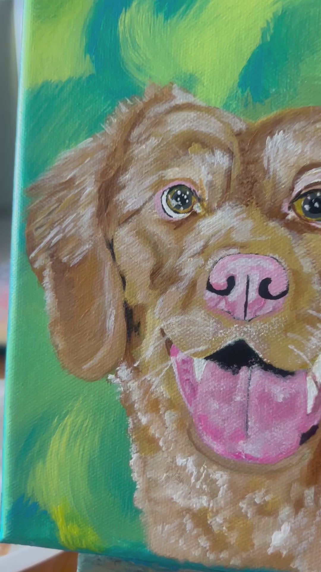 Mireille Fine Art, acrylic on canvas fine art dog paintings, modern dog golden retriever original artwork video