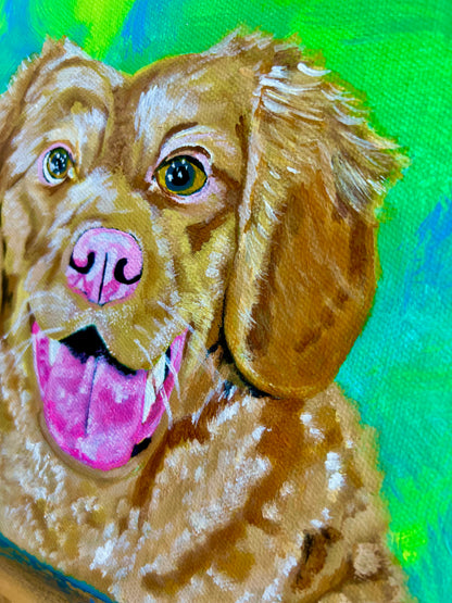 Mireille Fine Art, acrylic on canvas fine art dog paintings, modern dog golden retriever original artwork