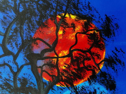 Mireille Fine Art, original contemporary painting depicting Le Neg Marron, Haitian symbol of freedom, surrounded by mountains and an auspicious blood red moon.