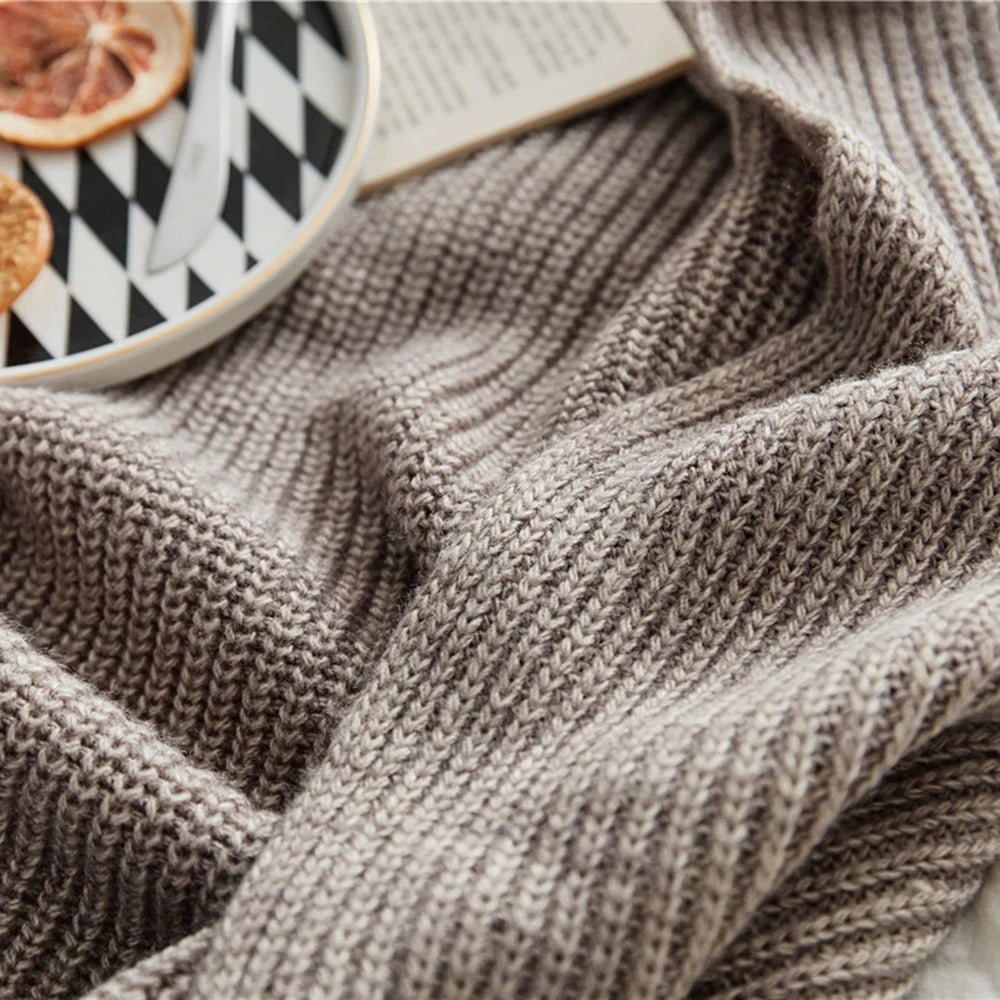 Mireille Fine Art, color block yarn dyed wool knitted blanket, beige throw blanket