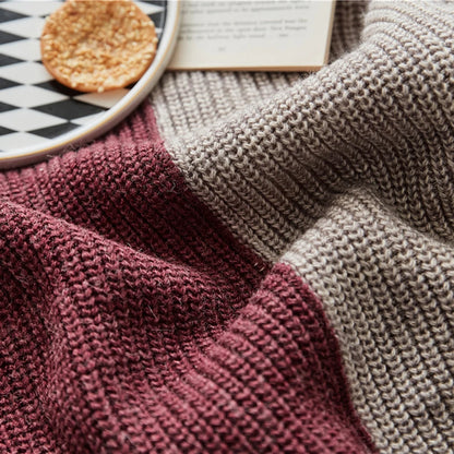 Mireille Fine Art, color block yarn dyed wool knitted blanket, wine red throw blanket