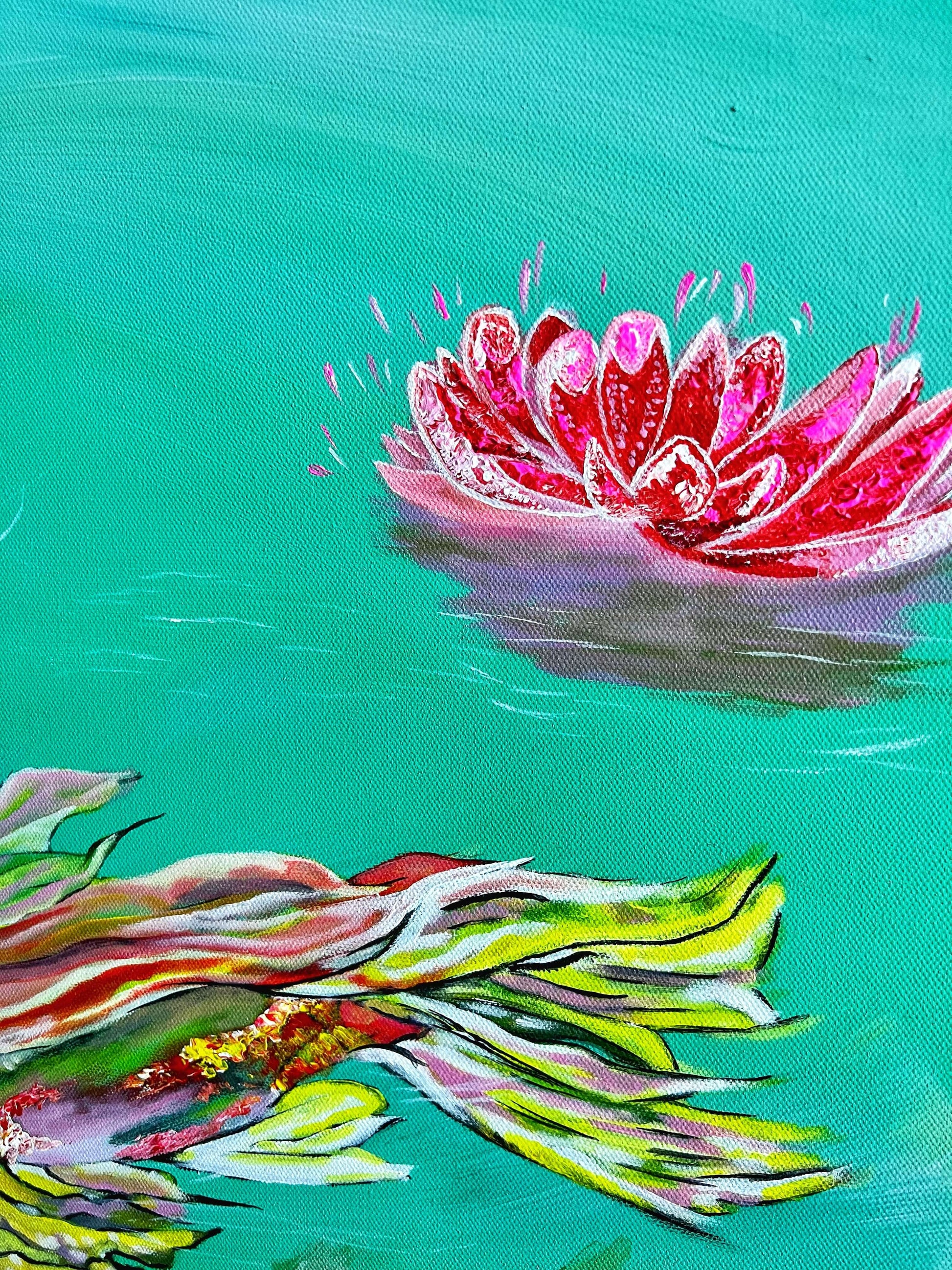 large colorful catfish painting in green koi pond